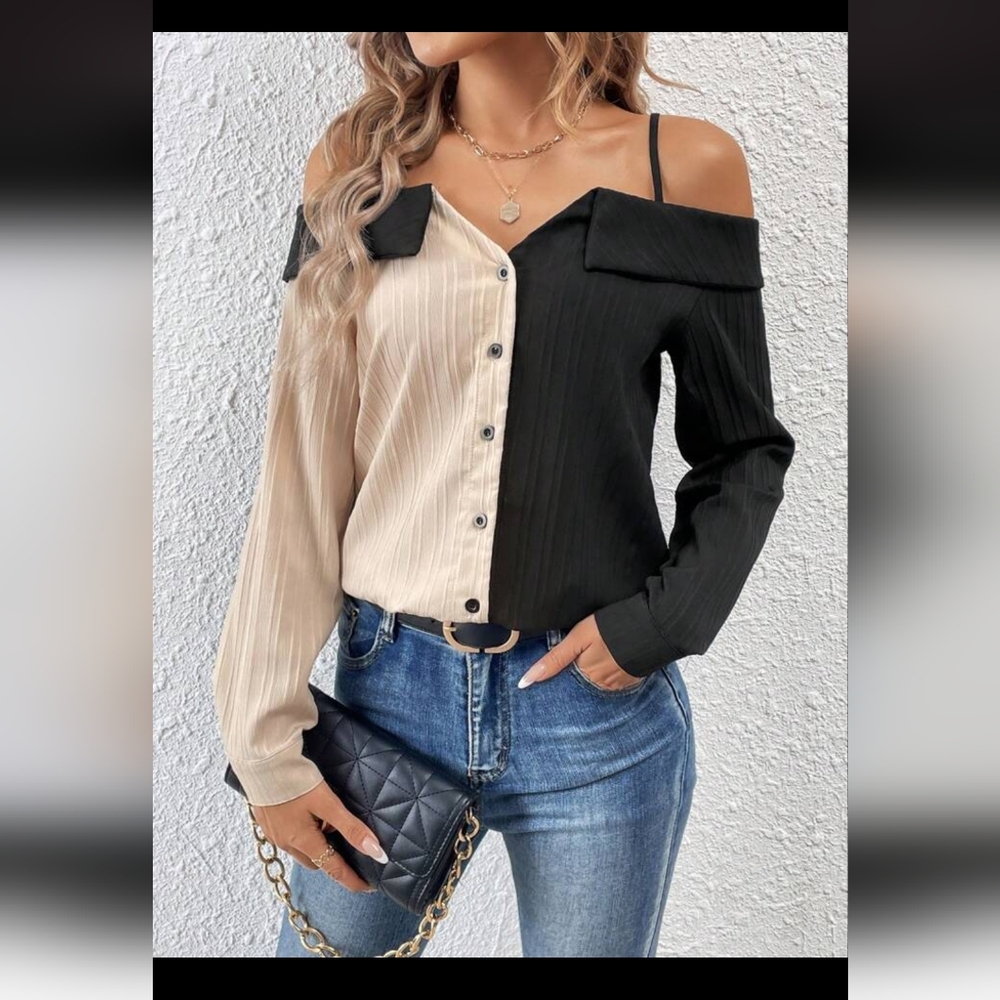SHEIN Privé Off-Shoulder Color Block Blouse - Size XS